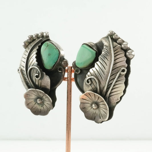 Native American Sterling Silver Green Turquoise Flower, Feather Earrings Clip on