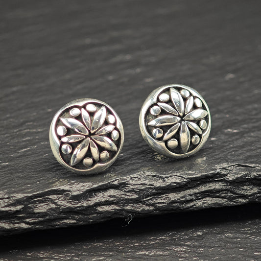 Vintage Overlay Floral Stud Earrings Sterling Silver