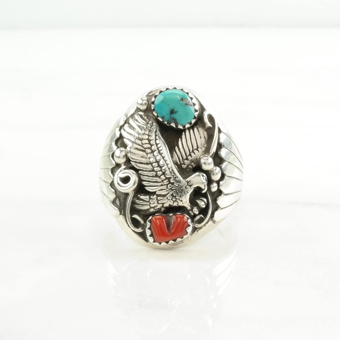 Native American Silver Ring Turquoise, Coral Eagle Sterling Red, Blue Size 12 1/4