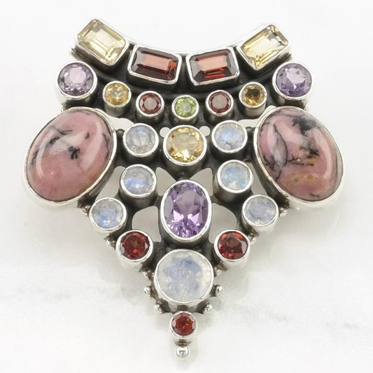 Vintage Nicky Butler Sterling Silver Brooch Cluster Rainbow Moonstone, Amethyst, Garnet, Rhodocrosite