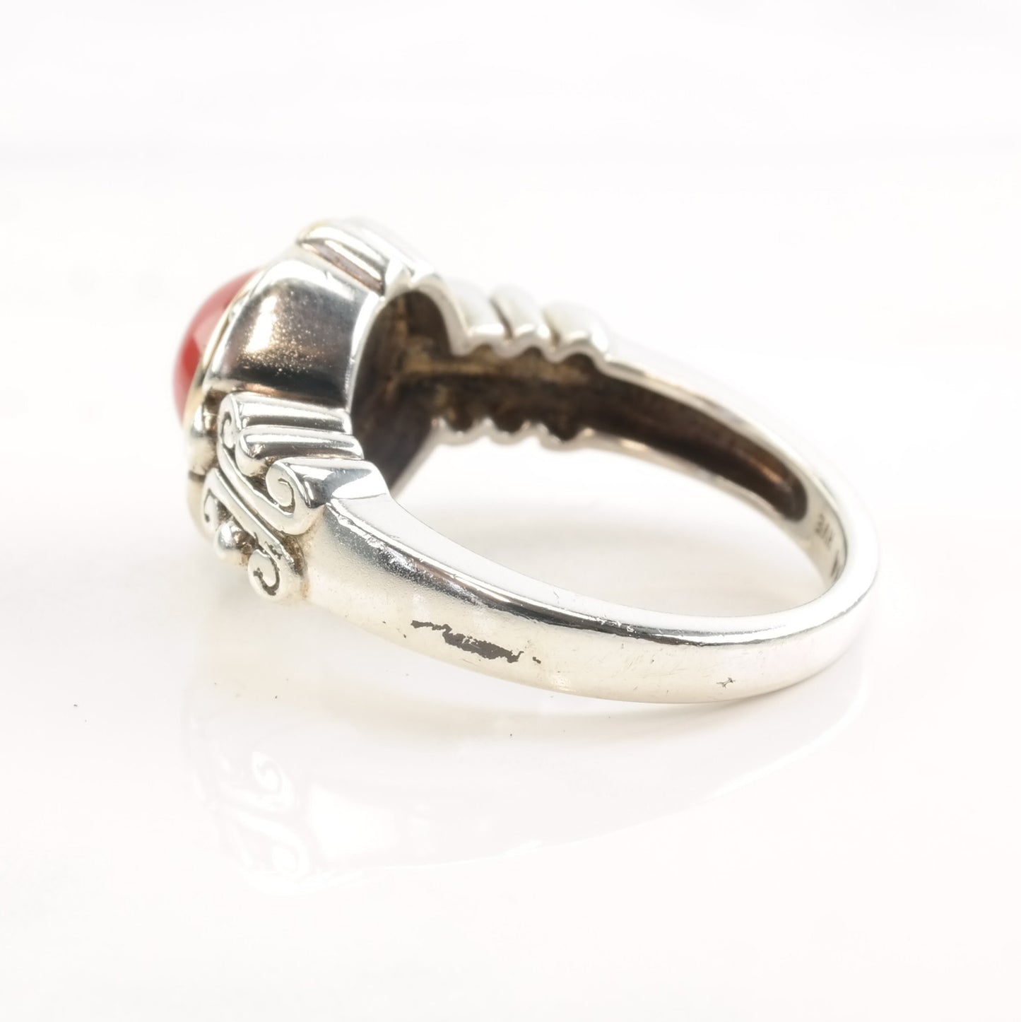 Silver Ring Faux Coral 14k Gold Beads Size 7 1/4