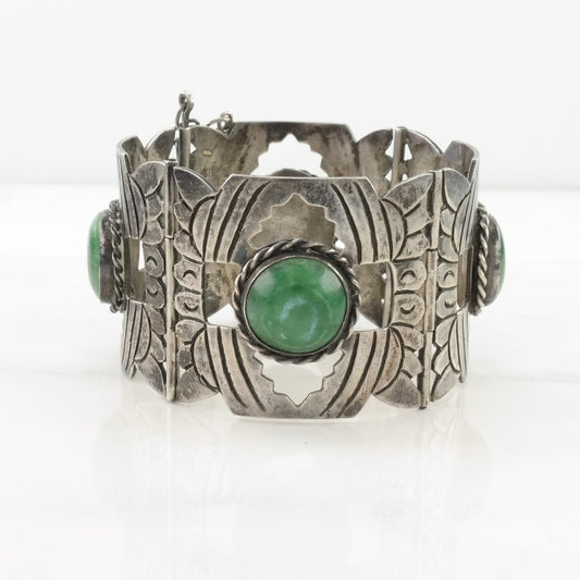 Pre Eagle, Taxco Sterling Silver Link Bracelet Green Peruvian Jade Wide Panel