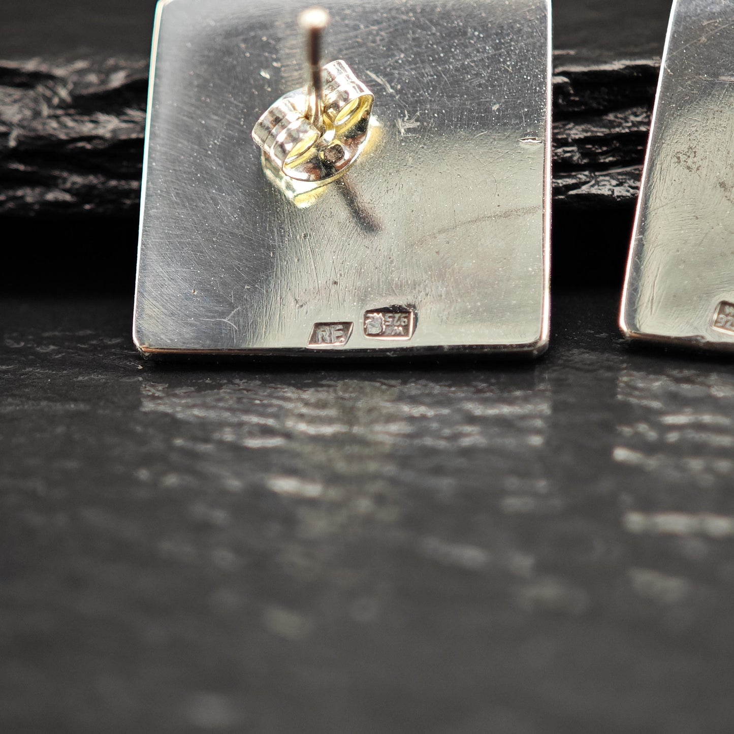 Vintage Warsaw, Poland Black Enamel Geometric Stud Earrings Sterling Silver