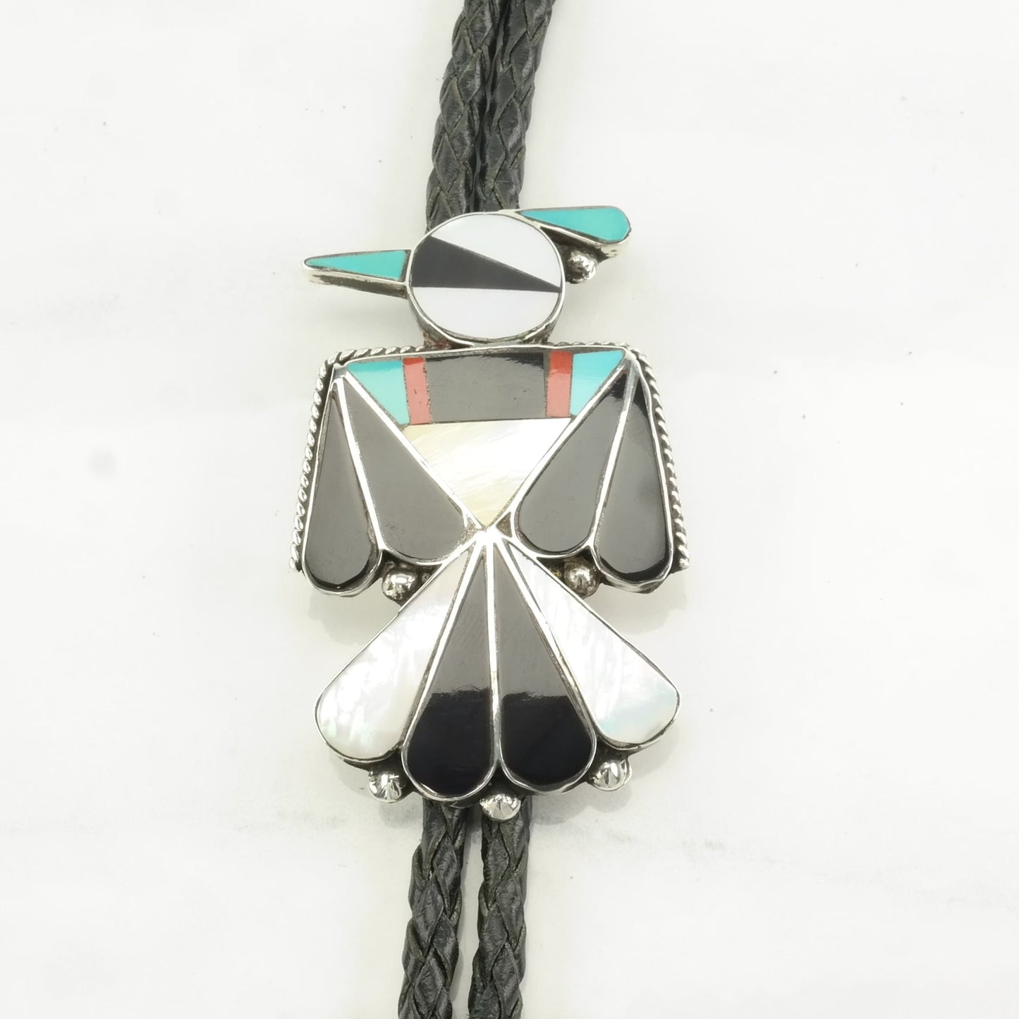 Native American Sterling Silver Turquoise, MOP, Onyx, Coral Inlay, Bird Necklace