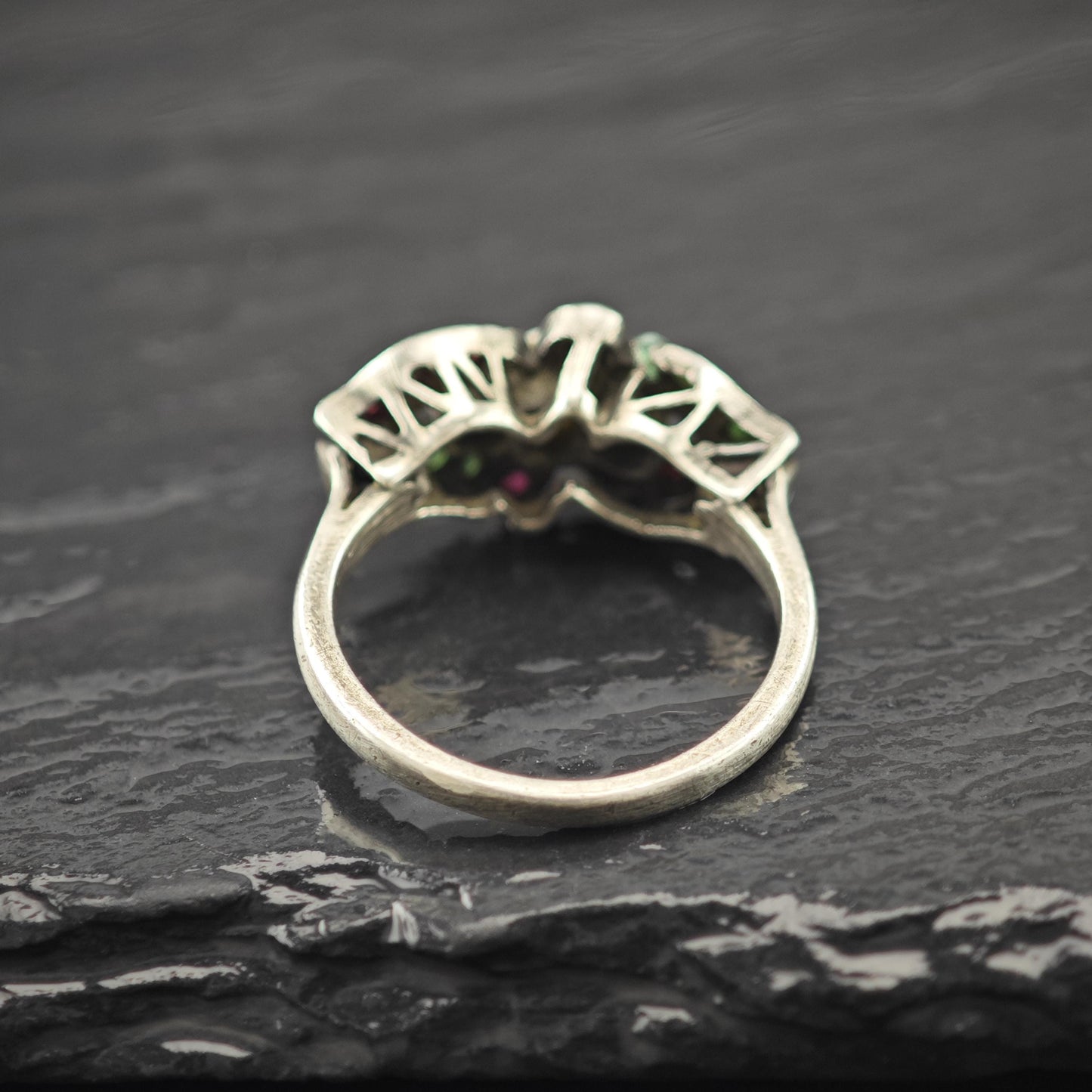 Antique Victorian Emerald Ruby Natural Pearl Ring Sterling Silver Size 6 3/4