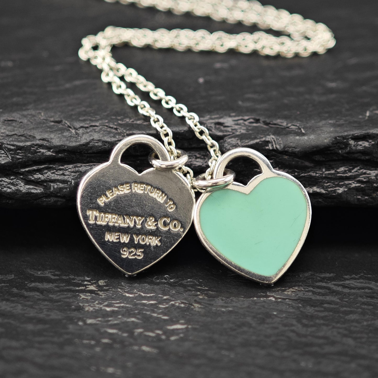 Vintage Tiffany Sterling Silver Teal Double Heart Enamel Necklace