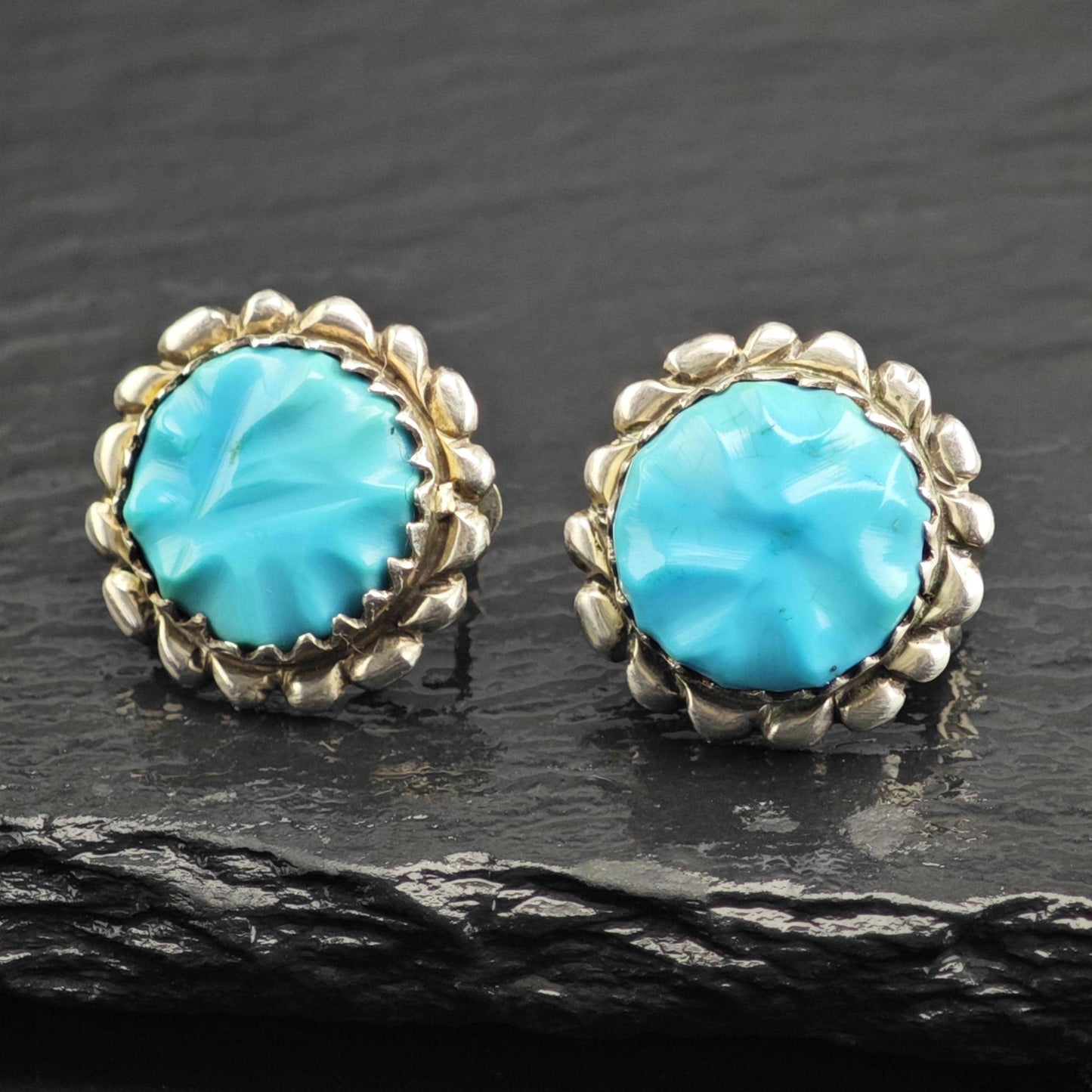 Vintage Zuni, Native American Carved Turquoise Stud/Clip On Sterling Silver Earrings ER3169
