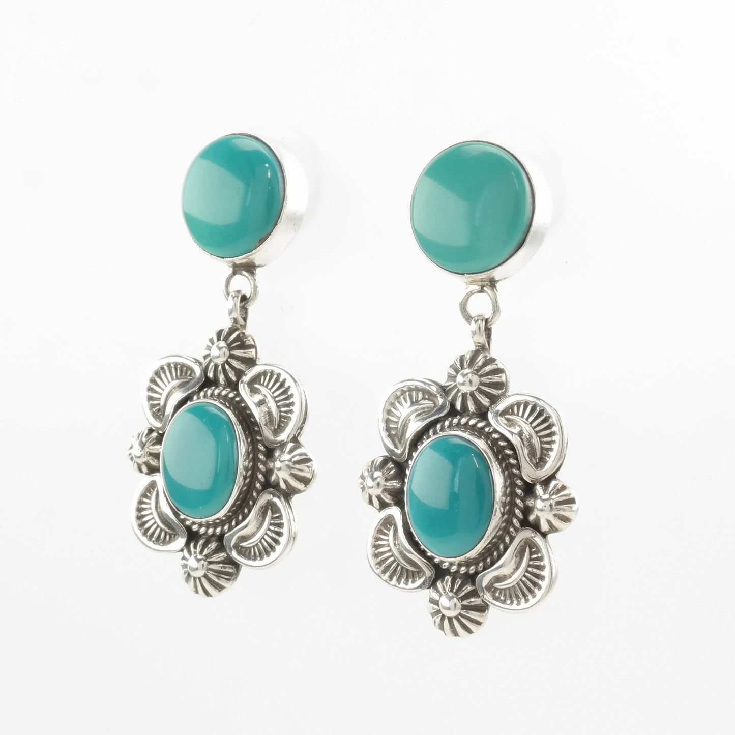 Navajo Sterling Silver Blue Turquoise Floral Earrings Stud, Dangle