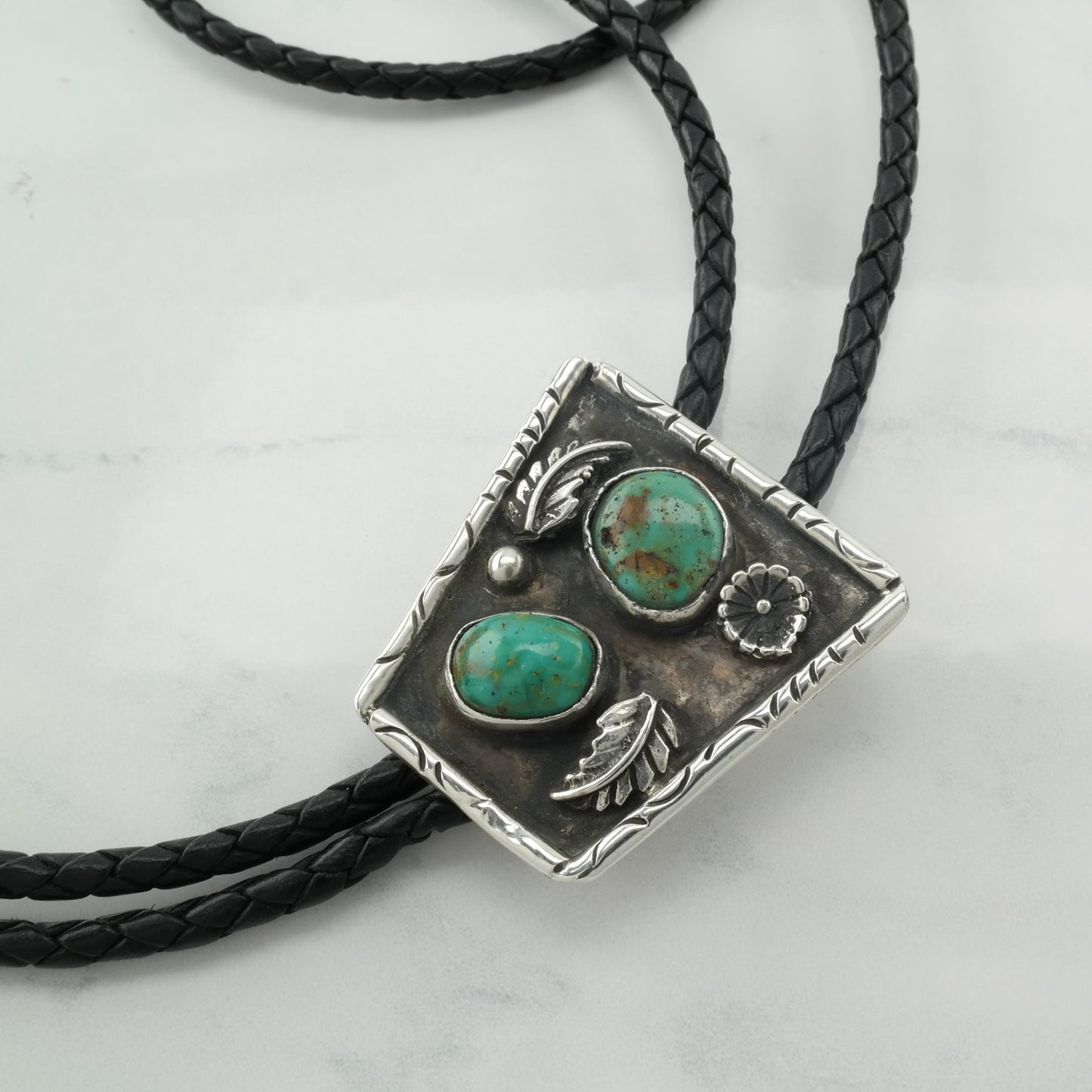 Green Turquoise Two Stone Bolo Tie Necklace Southwest Sterling Silver Vintage