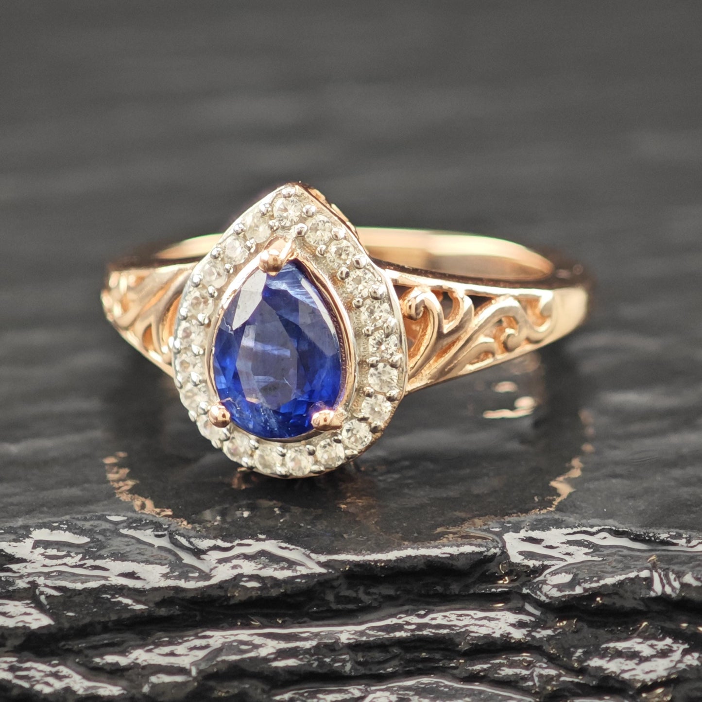 Natural Sapphire Teardrop 14K Rose Gold Plated Ring Sterling Silver Sz 5 R6167
