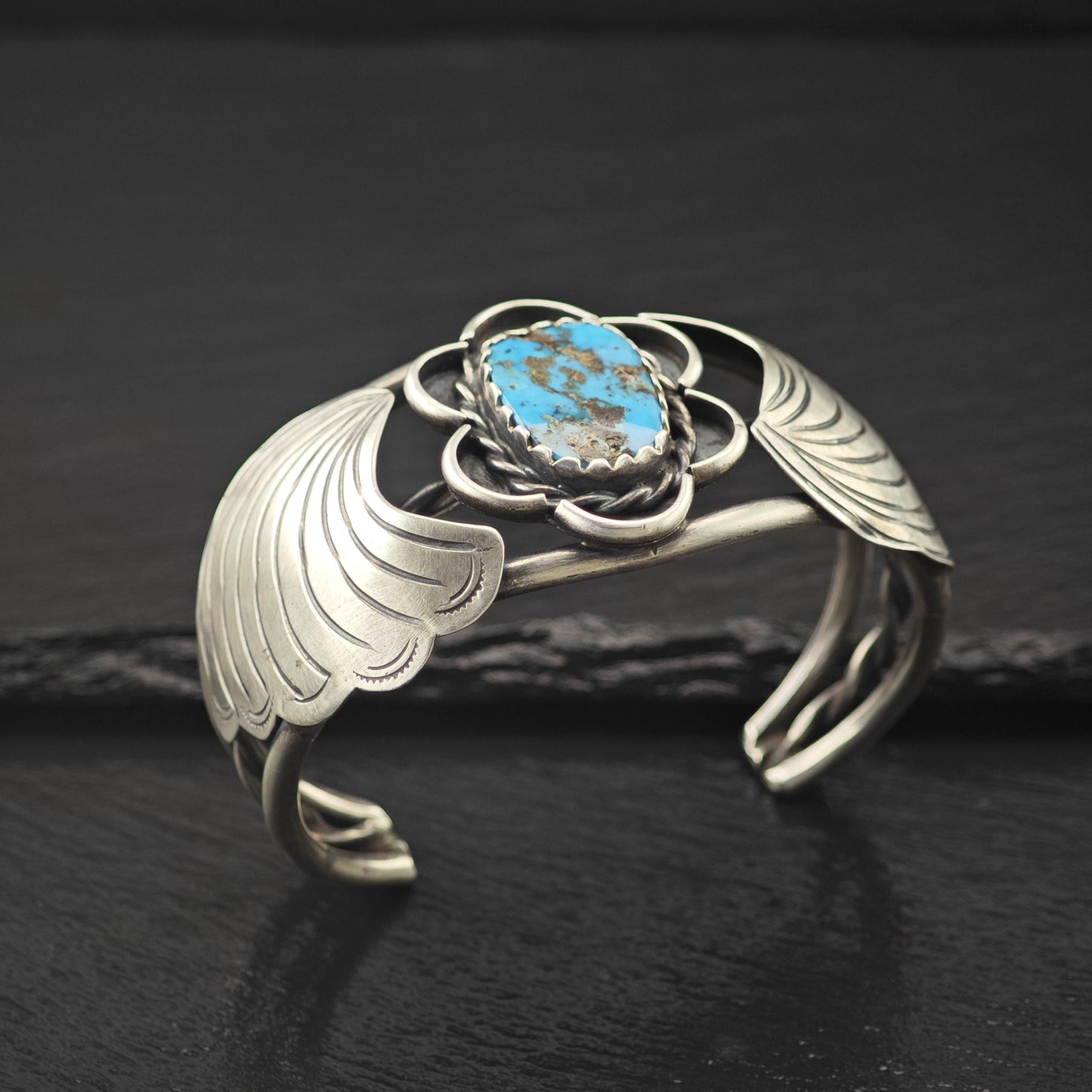 Signed Native American Bisbee Turquoise Floral Cuff Bracelet Sterling Silver