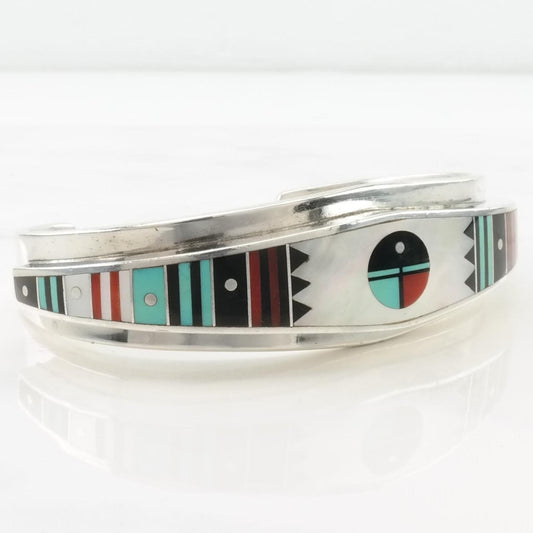 Vintage Native American, Benally Sterling Silver Cuff Bracelet MOP, Onyx, Turquoise, Coral Inlay