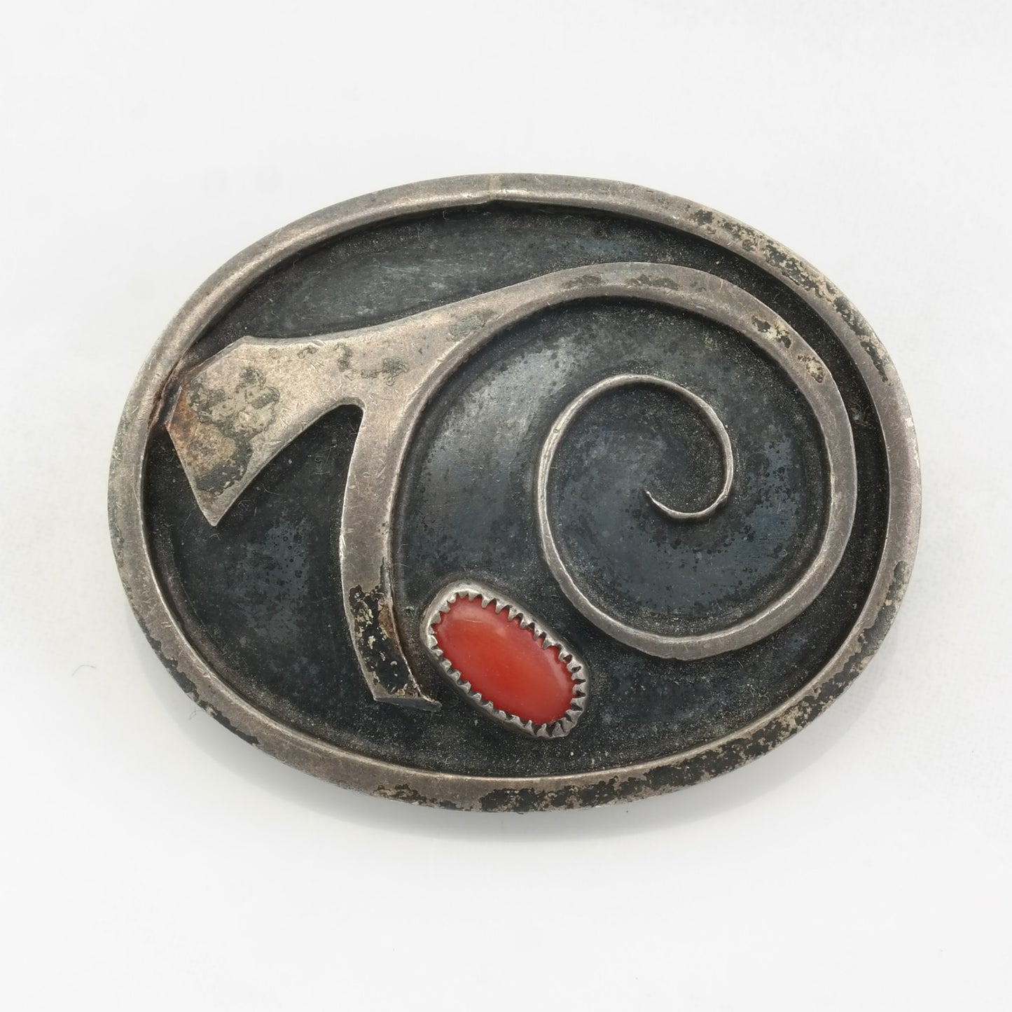 Native American Brooch Abstract, Overlay Red Coral Sterling Silver