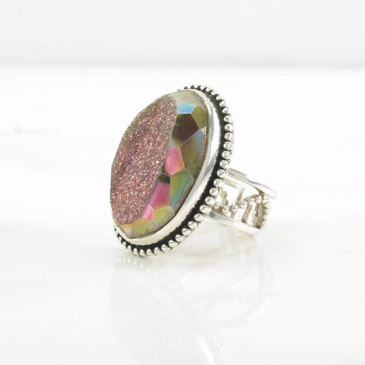 Sterling Silver Ring Druzy Quartz Huge Pink Size 5 1/2