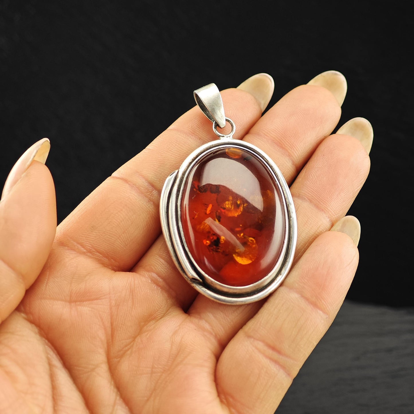 Vintage Oval Amber Pendant Sterling Silver