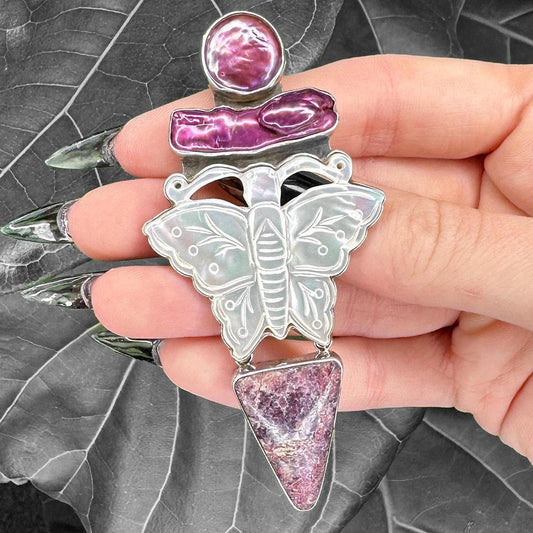 Vintage AKR Sterling Silver, Carved Mother-of-Pearl Butterfly, Sugilite, and Freshwater Pearl Pendant, Designer Signed, Statement Pendant