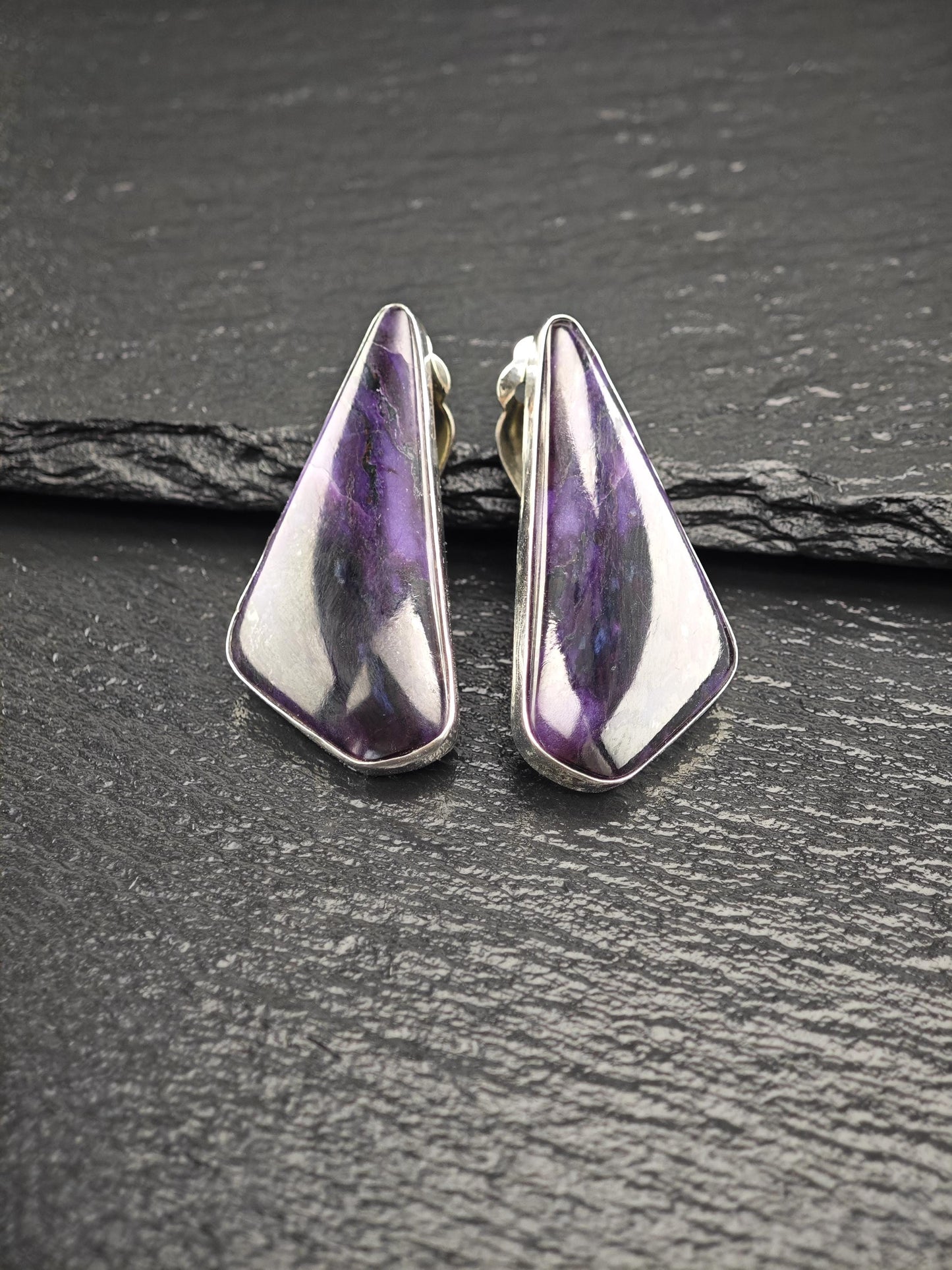 Vintage Purple Sugilite Sterling Silver Clip-On Earrings - Unique Abstract Design