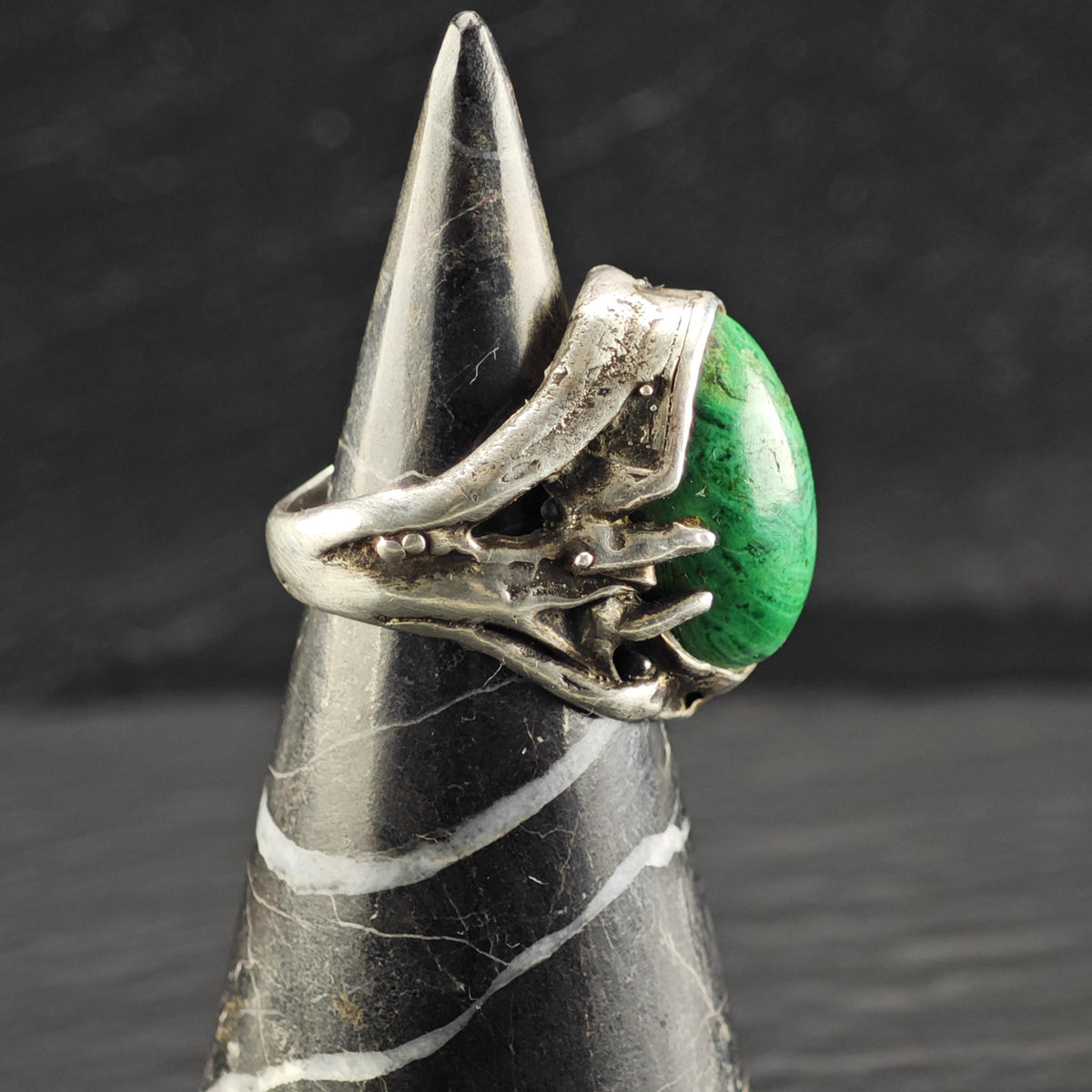 Brutalist Malachite Sterling Silver Ring Sz 7 R6878