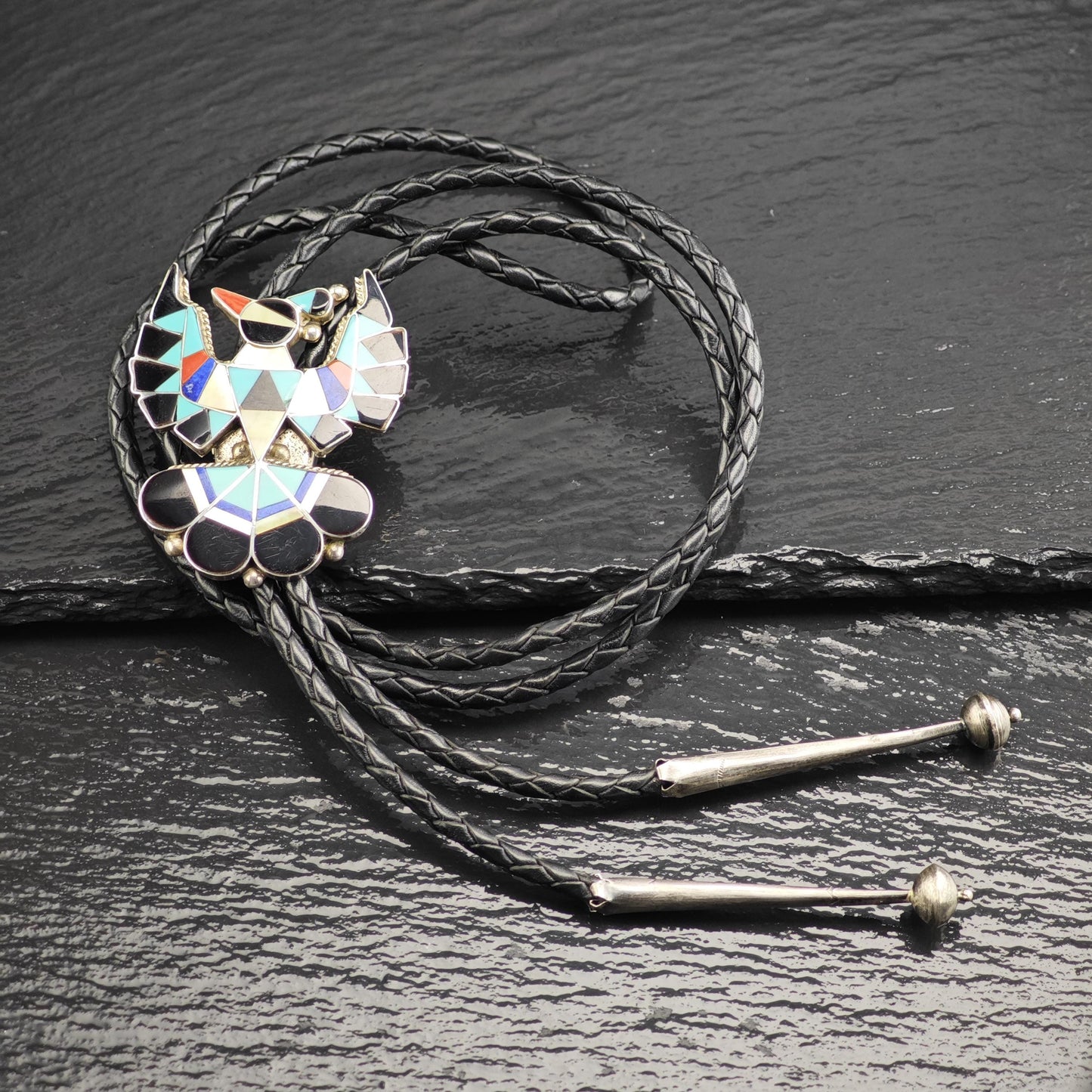 Vintage Native American Sterling Silver, Inlay Thunderbird Bolo Tie Necklace N2744