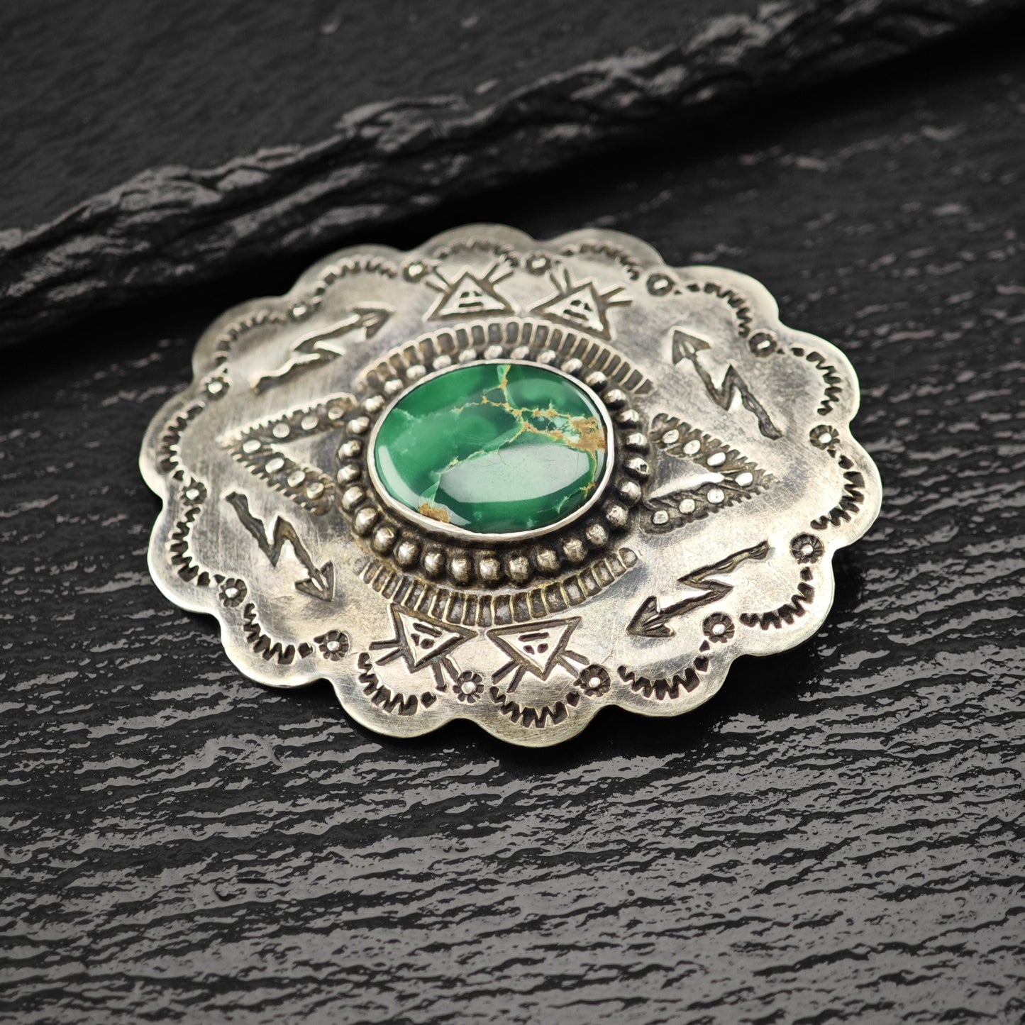 Vintage Native American Sterling Silver Brooch Stamped Green Turquoise