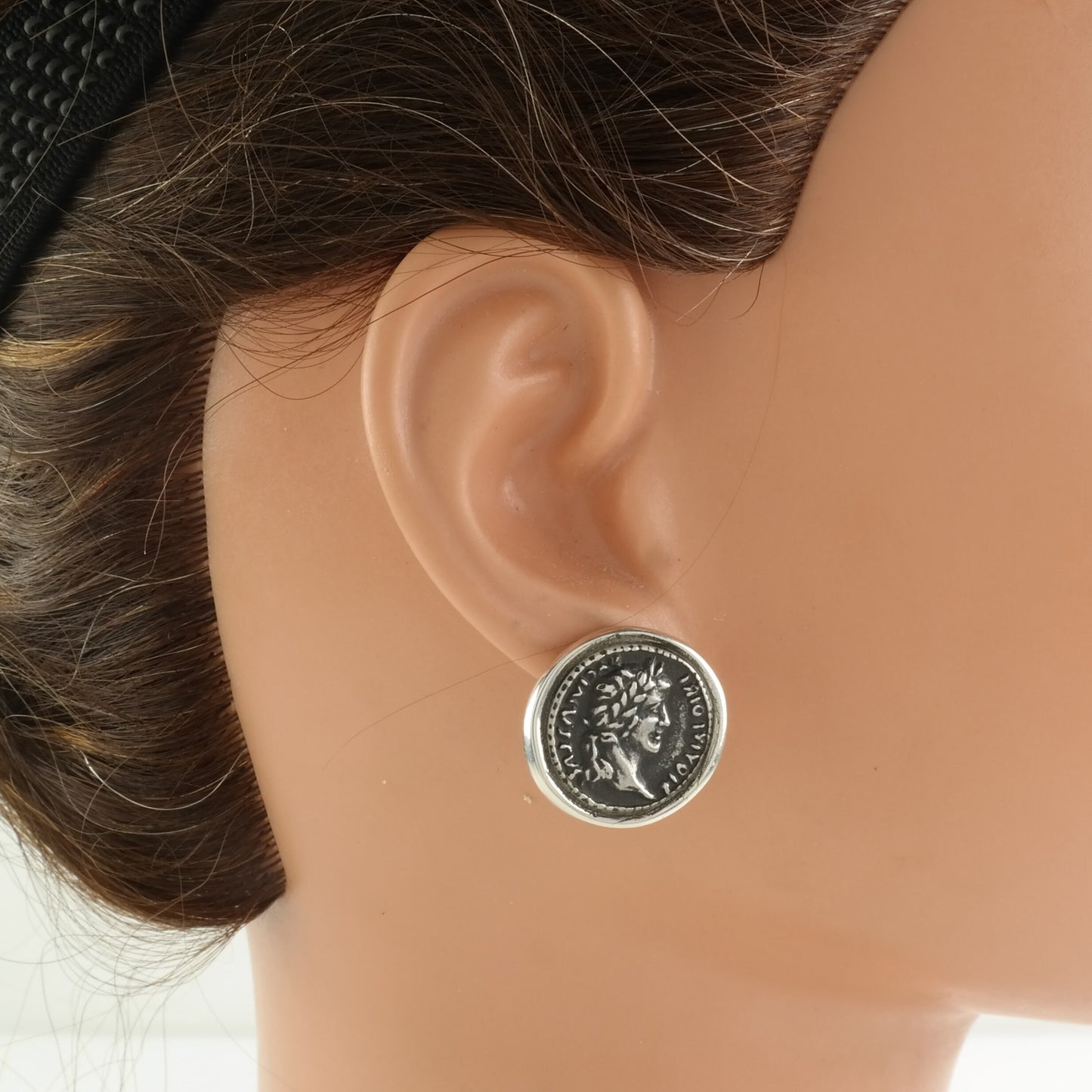 Vintage Sterling Silver Roman Coin Bust Earrings Omega back