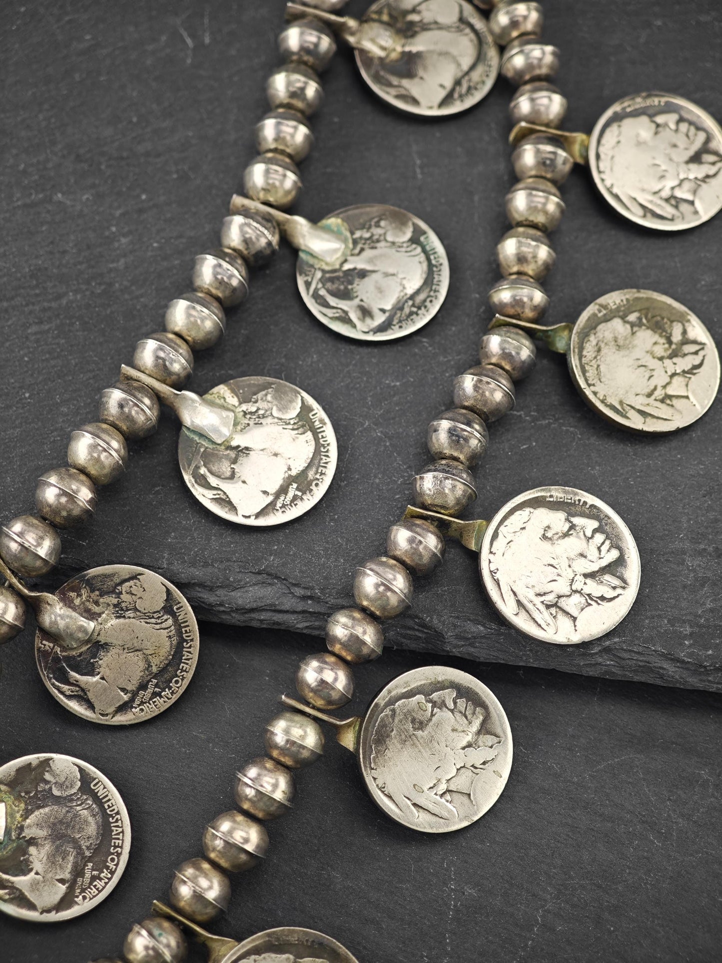 Native American Green Turquoise, Buffalo Nickles Squash Blossom Necklace Sterling Silver