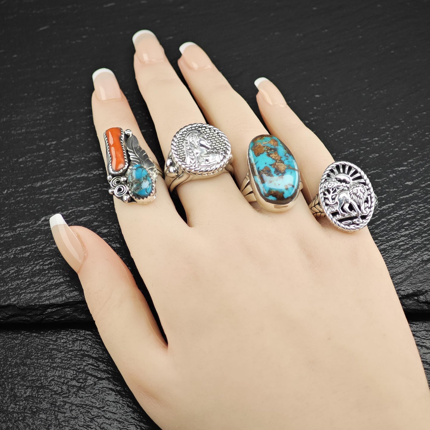 Turquoise Coral Floral Ring Sterling Silver Size 6 1/2 R5829