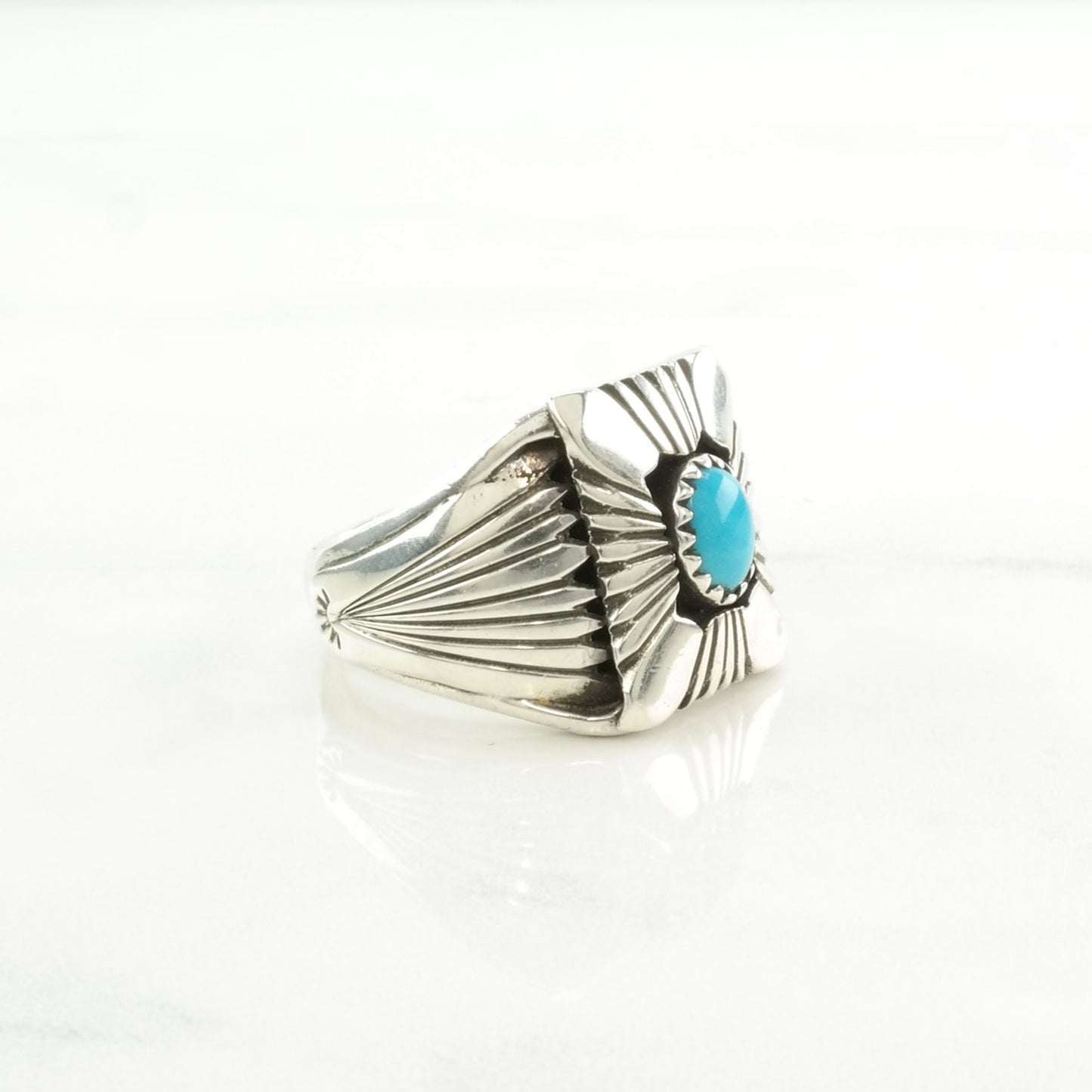 Native American Silver Ring Turquoise Stamped, Shield Sterling Blue Size 11 1/