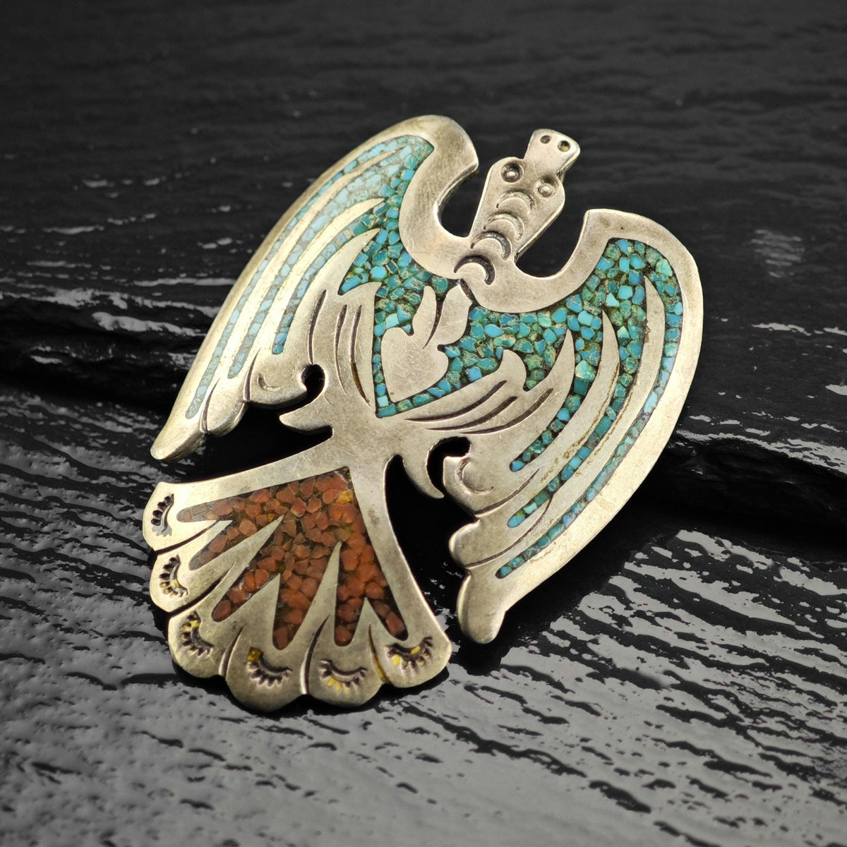 Jimmie Patterson Navajo Thunderbird Turquoise, Coral Inlay Sterling Silver Pendant P3152