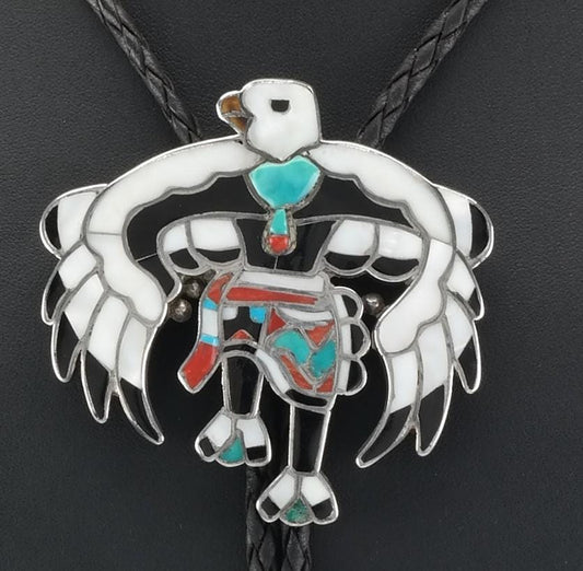 Vintage Native American Sterling Silver Inlay Bird Multi Gemstone Necklace