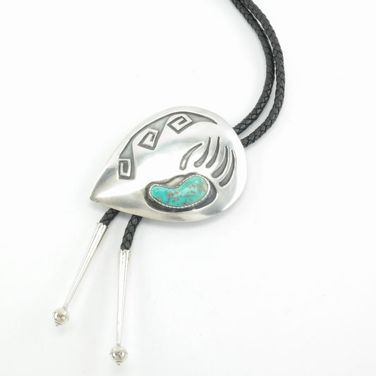 Vintage Native American Sterling Silver Blue Turquoise Bear Paw, Overlay, Large Bolo Tie