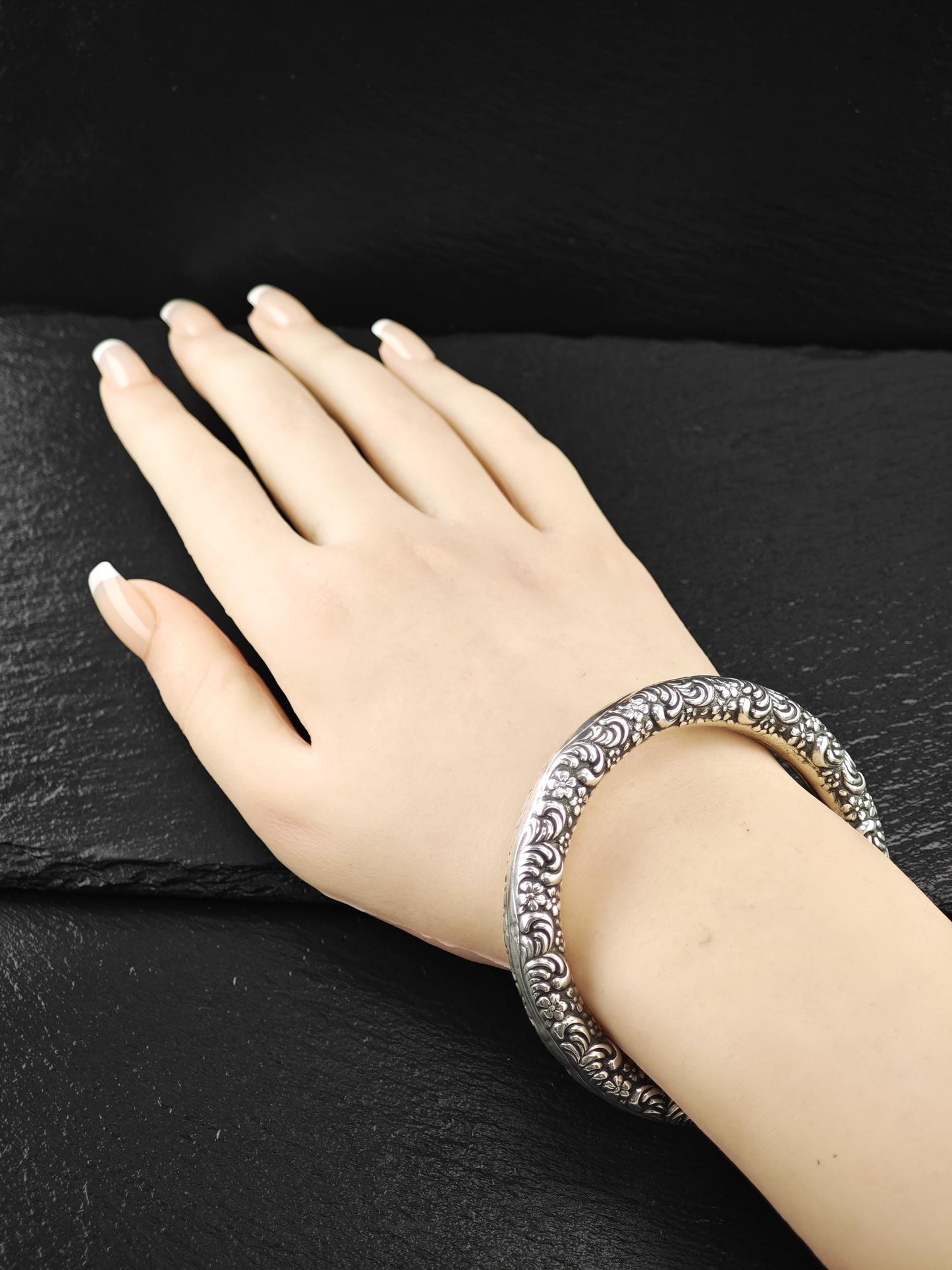 Early Art Nouveau Unger Brothers Repousse Donut Bangle Bracelet Sterling Silver