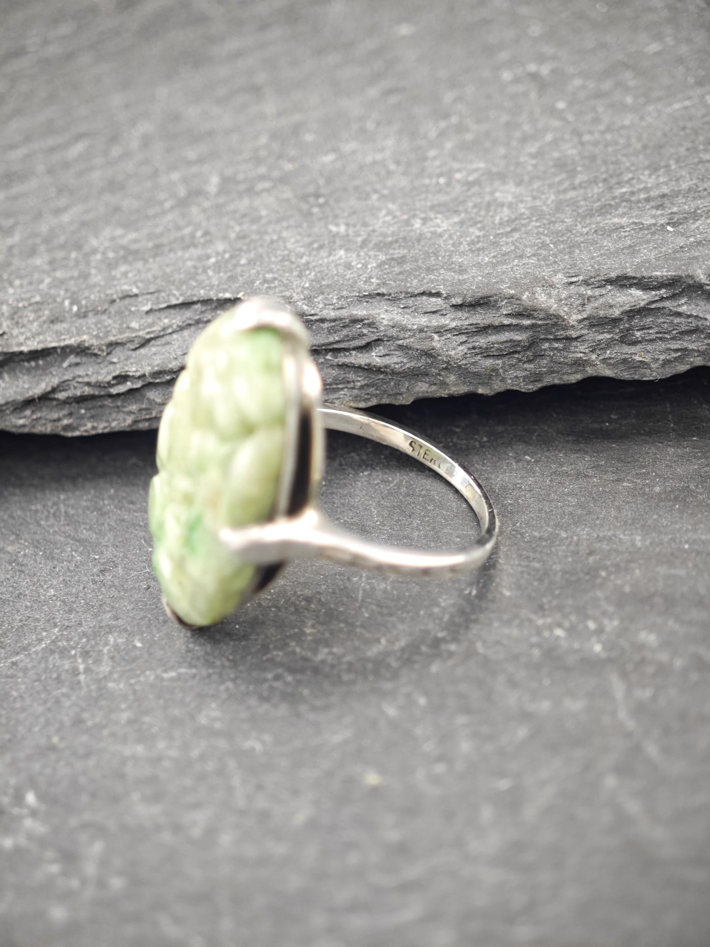 Carved Green Jadeite Jade, Floral Ring Sterling Silver