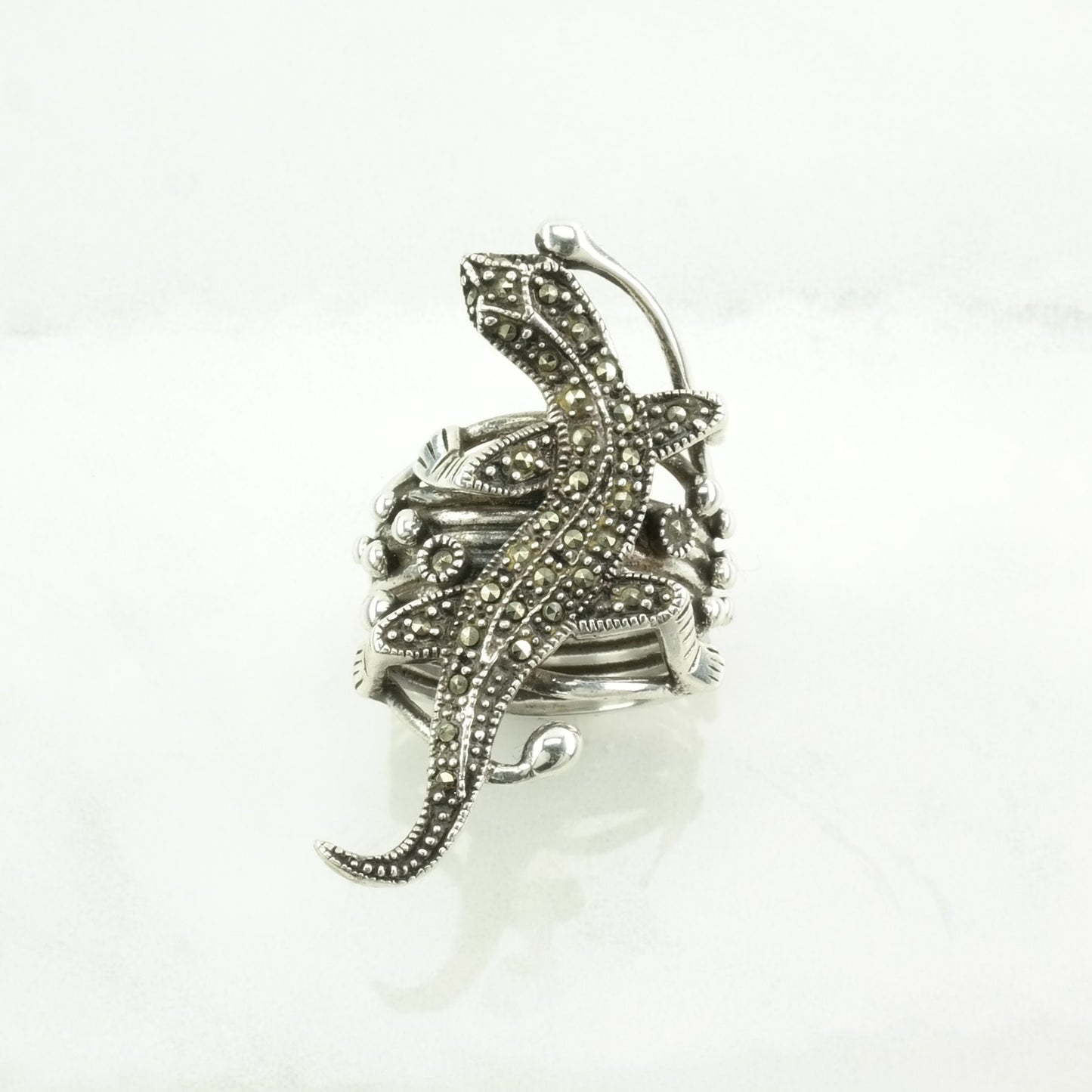 Sterling Silver Lizard Ring Marcasite , Animal Size 7 3/4