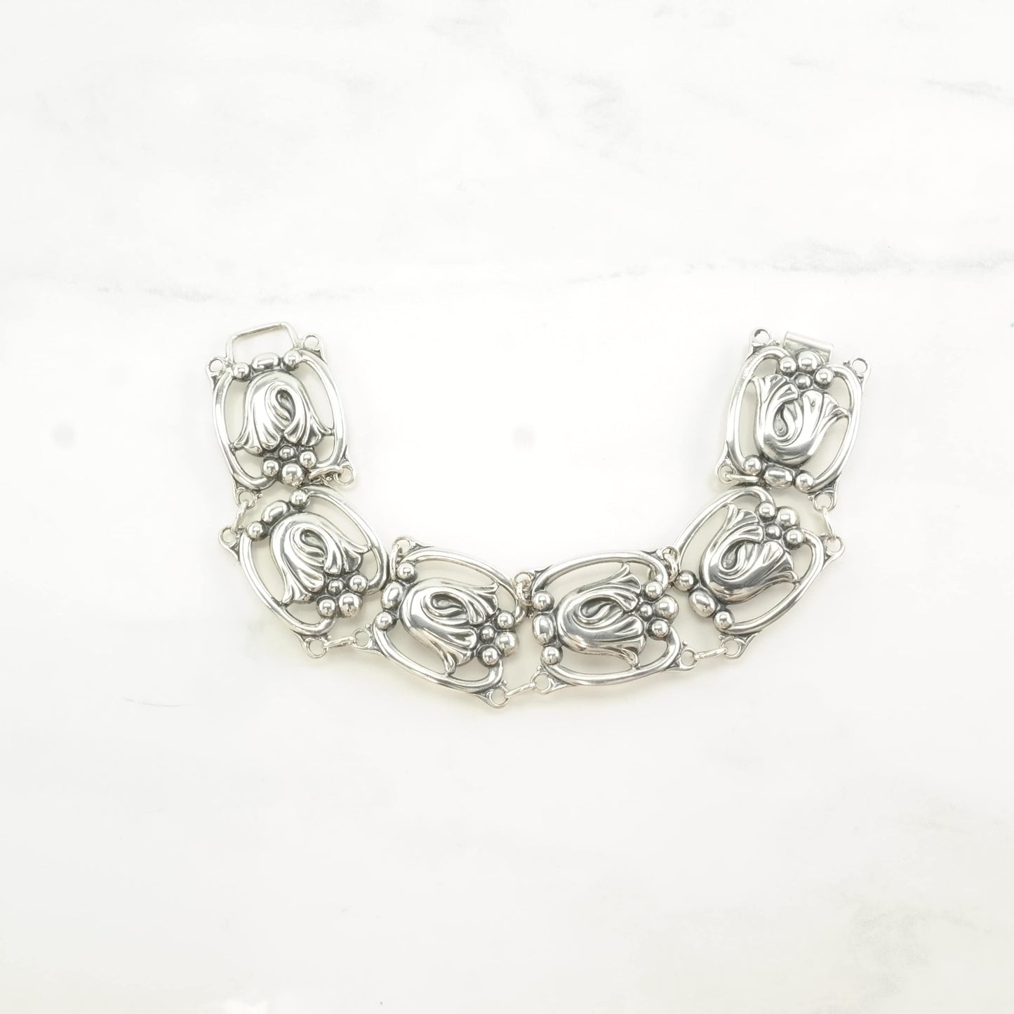 Vintage Art Nouveau Style Sterling Silver Link Bracelet Floral