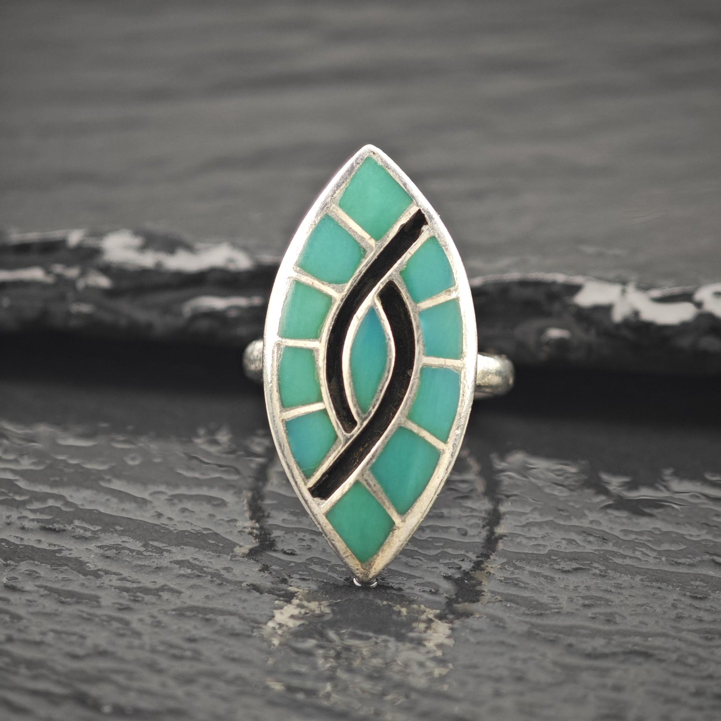 Native American Turquoise Inlay Ring Sterling Silver Sz 5 1/2