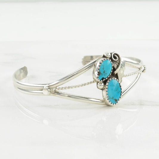 Native American Sterling Silver Cuff Bracelet Blue Turquoise Two Stone, Leaf