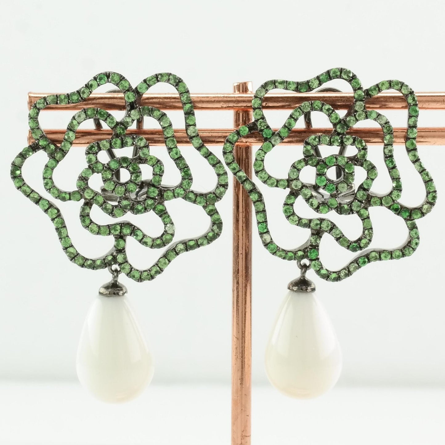 Vintage Sterling Silver Earrings, Green Tsavorite & White Stone Accents, Floral Design, Oxidized Finish