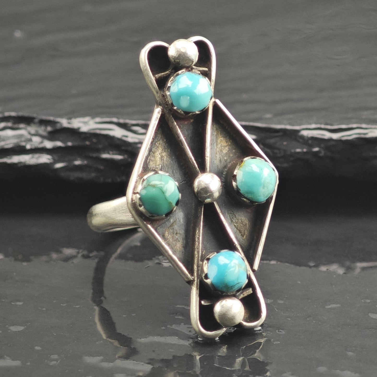 SW Turquoise Multistone & Silver Bead Sterling Silver Ring Sz 6 1/2 R6663