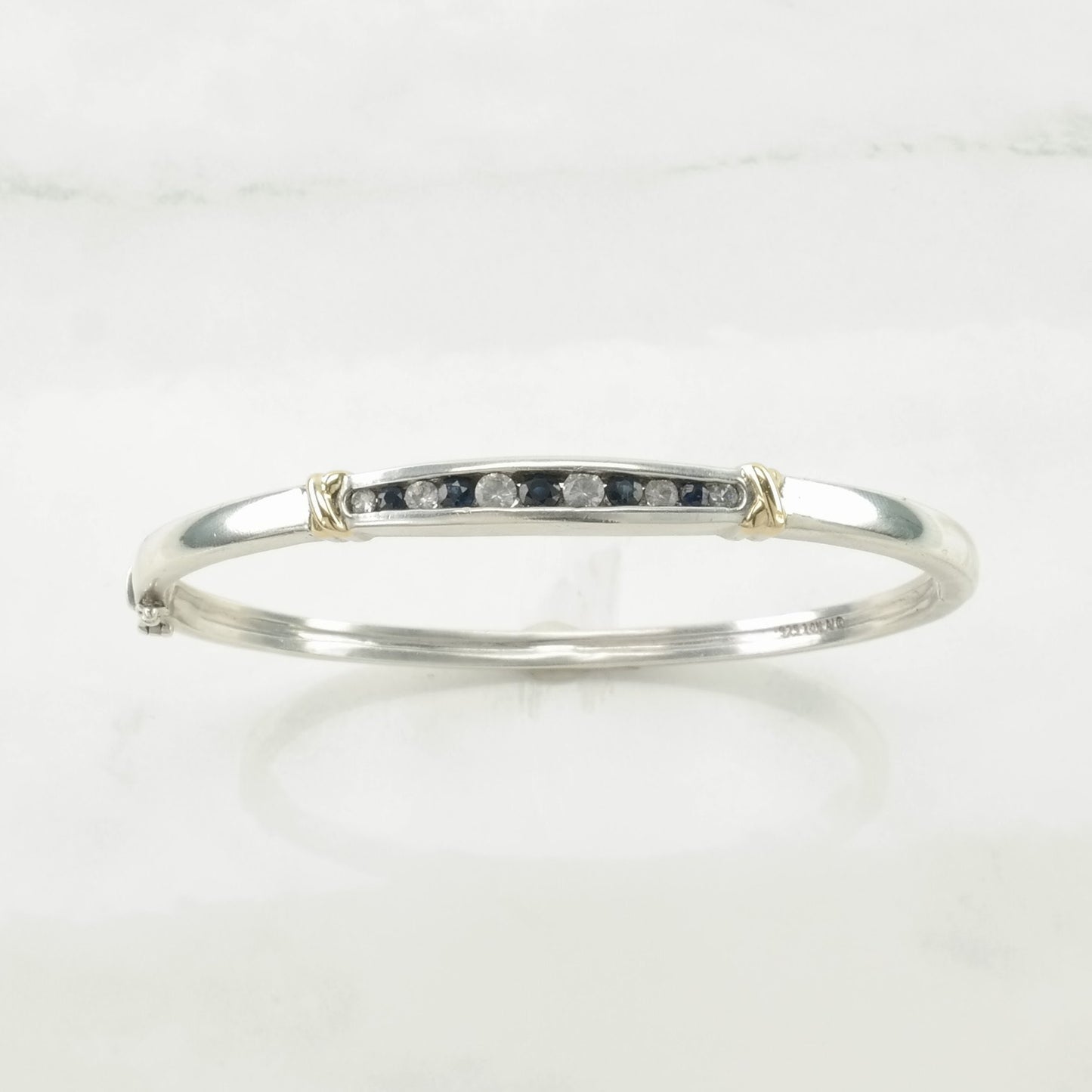 Designer Sterling Silver Bangle Bracelet Dark Blue, White Sapphire 14k Gold Accent