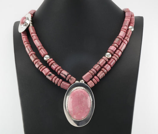 Pink Rhodonite Necklace | Sterling Silver & Rhodonite Bead Necklace | Southwestern Jewelry | Statement Necklace