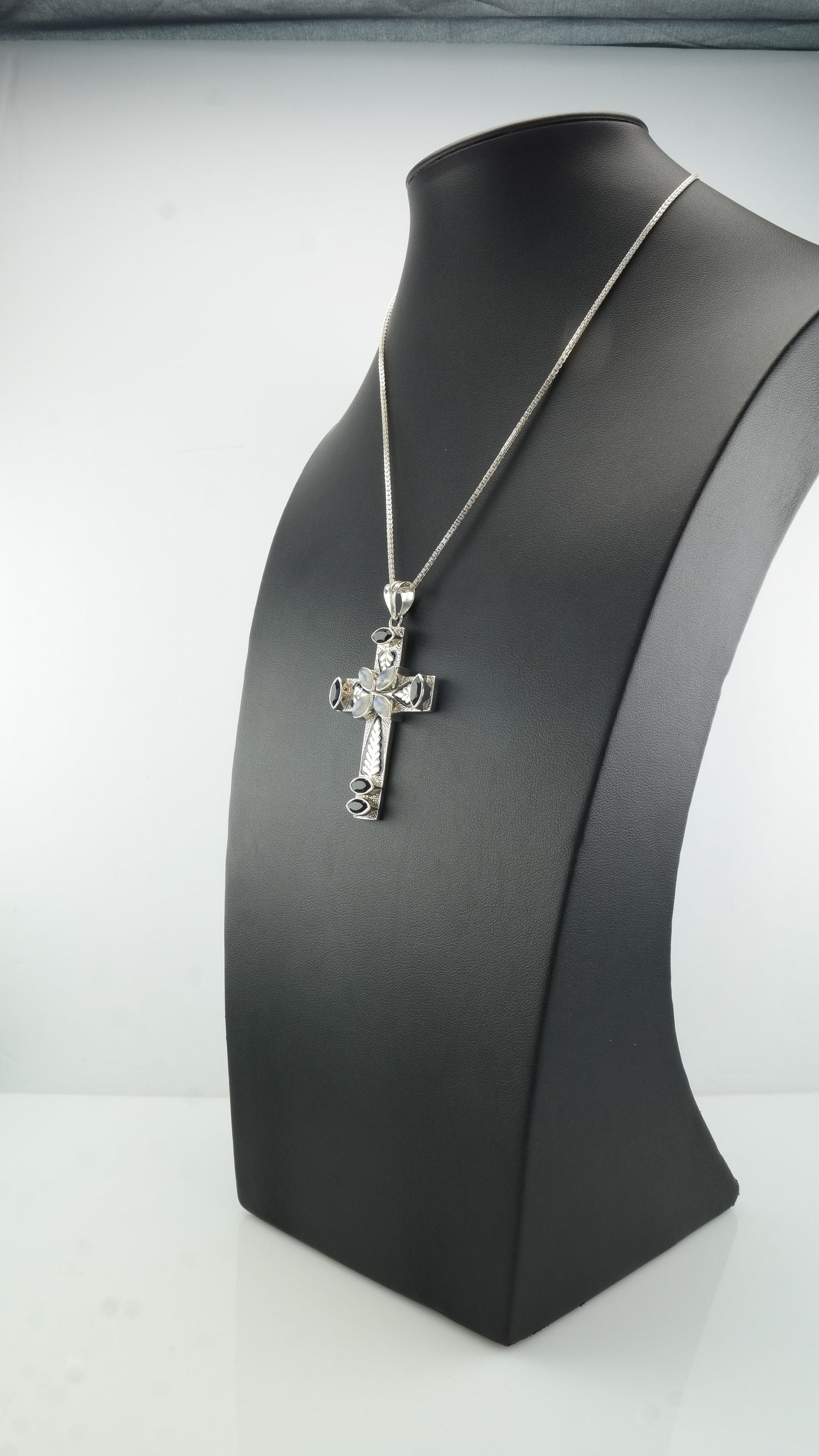 Nicky Buttler Sterling Silver Moonstone Onyx Enamel Large Cross Leaf Necklace