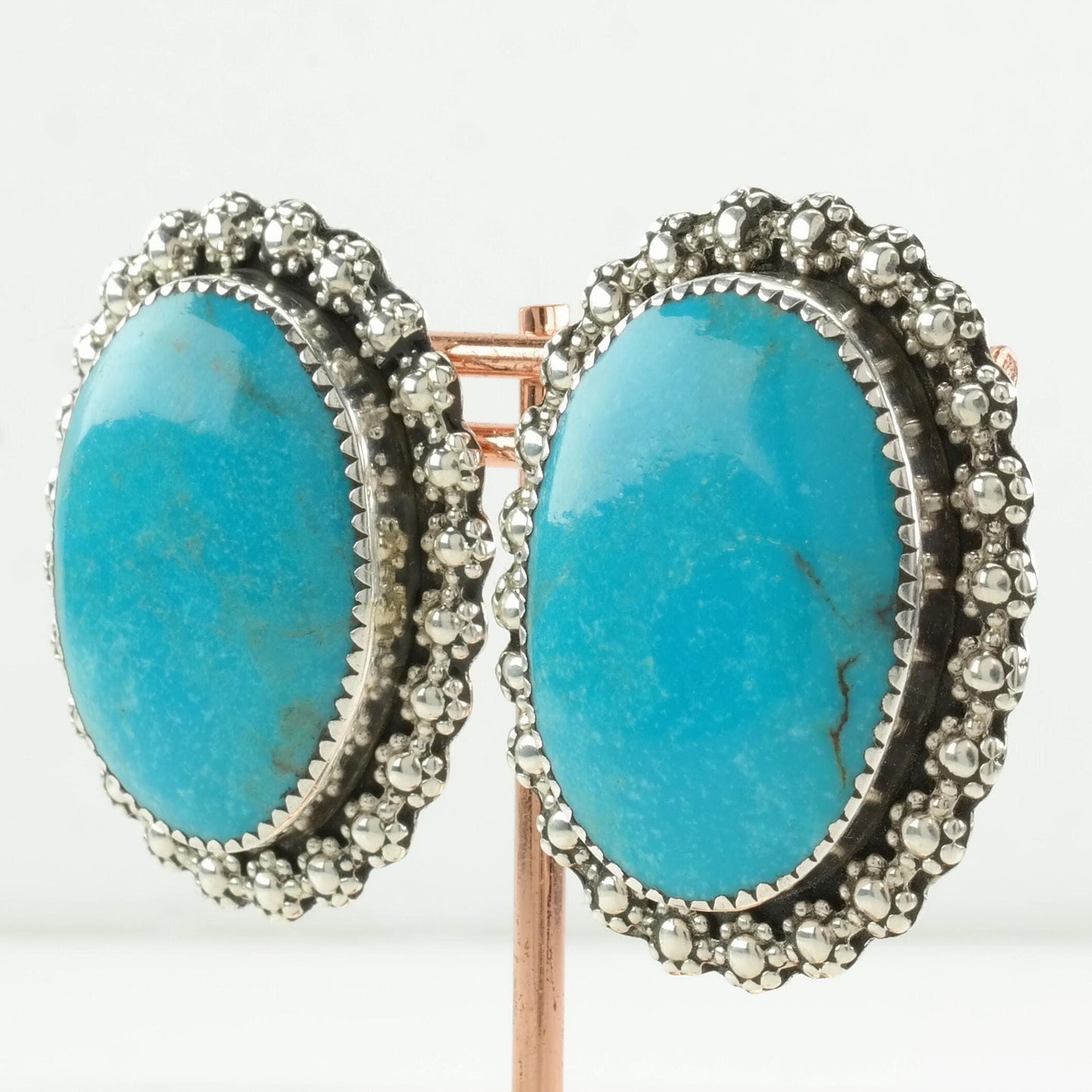 Native American Sterling Silver Large Turquoise Earrings Stud