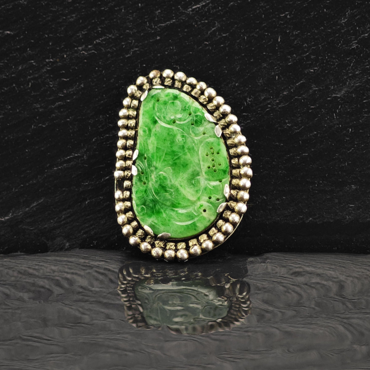 AS IS Carved Jadeite Jade Sterling Silver Fur Clip MISC0415