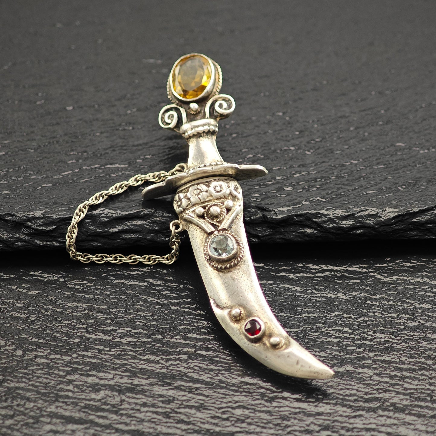 Handmade Sterling Silver Scimitar Brooch with Citrine Aquamarine Garnet Accents