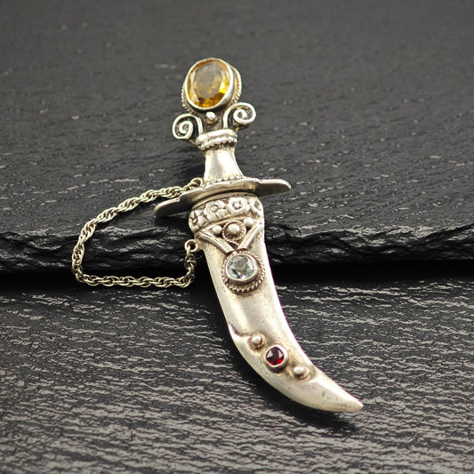 Handmade Sterling Silver Scimitar Brooch with Citrine Aquamarine Garnet Accents