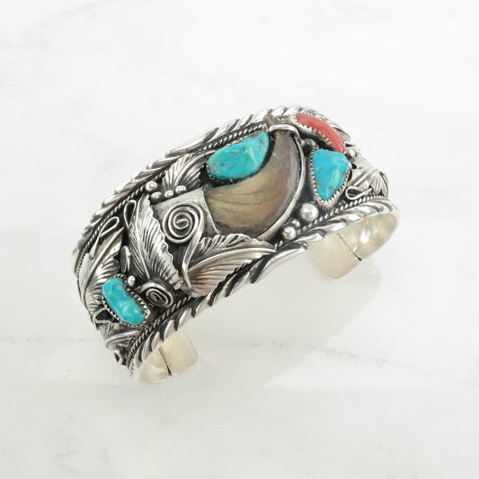 Navajo Sterling Silver Cuff Bracelet Turquoise, Coral