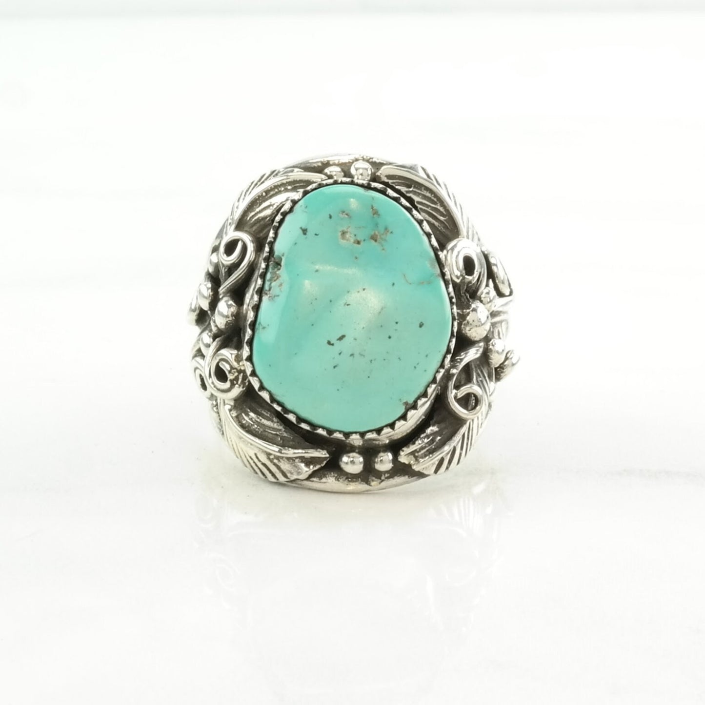 Native American Silver Ring Turquoise Floral Sterling Blue Size 10 3/4