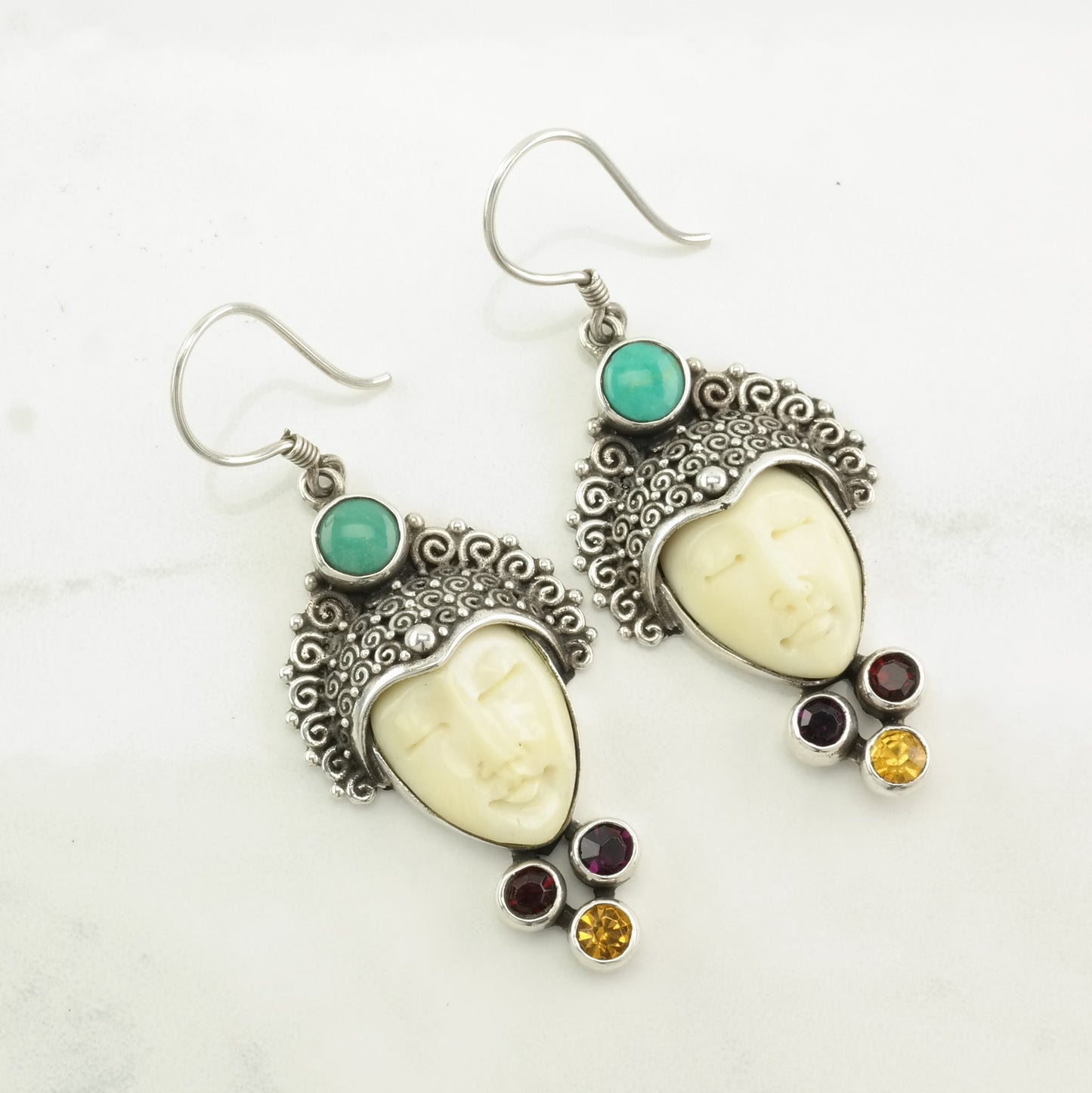 Sterling Silver Multi Stone, Carved Face Earrings Fish hook