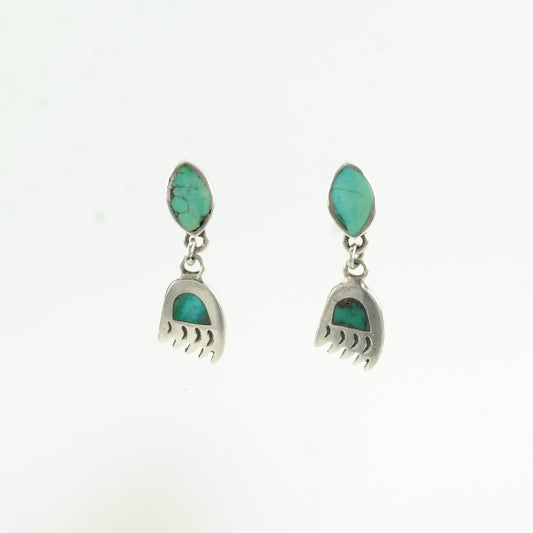Native American Sterling Silver Blue Turquoise Inlay, Bear Paw Earrings Stud/dangle